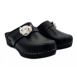 DUTCH CLOGS IN BLACK LEATHER WITH JEWEL
