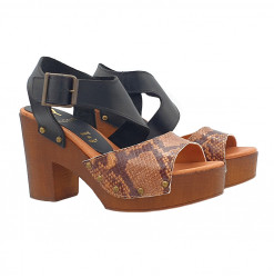 WOMEN'S CLOGS IN TWO-TONE LEATHER WITH PYTHON EFFECT BAND - MY185 BIC NERO