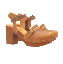 DUTCH CLOGS IN BROWN LEATHER WITH STRAP - G375 MARRONE