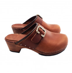BROWN LEATHER CLOGS WITH...