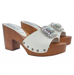 Women's clogs with leather upper enriched by accessory - Made in Italy - G1051 BIANCO